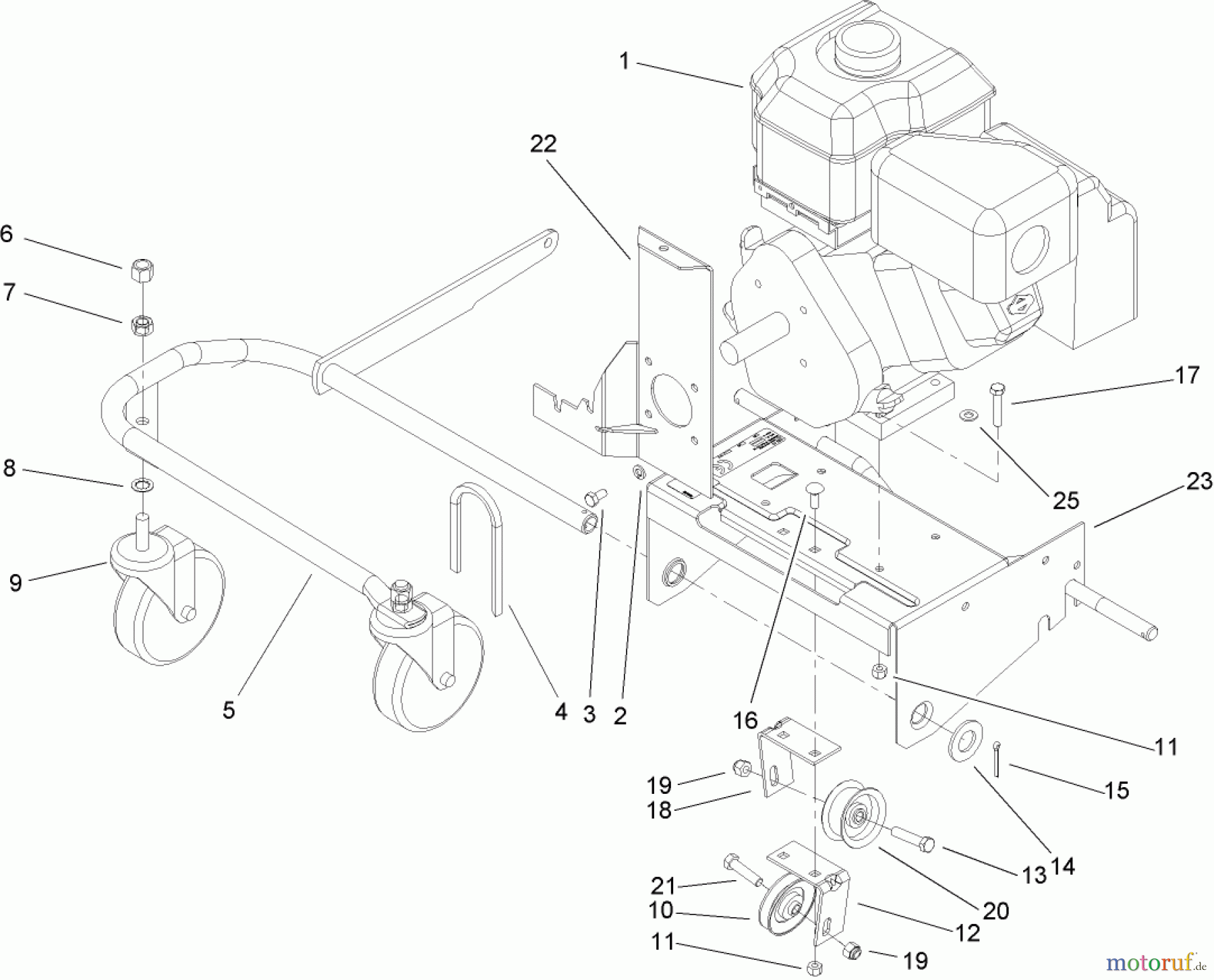 Toro Neu Blowers/Vacuums/Chippers/Shredders 62925 - Toro 206cc OHV Vacuum Blower, 2005 (250000001-250999999) ENGINE AND FRONT WHEEL ASSEMBLY