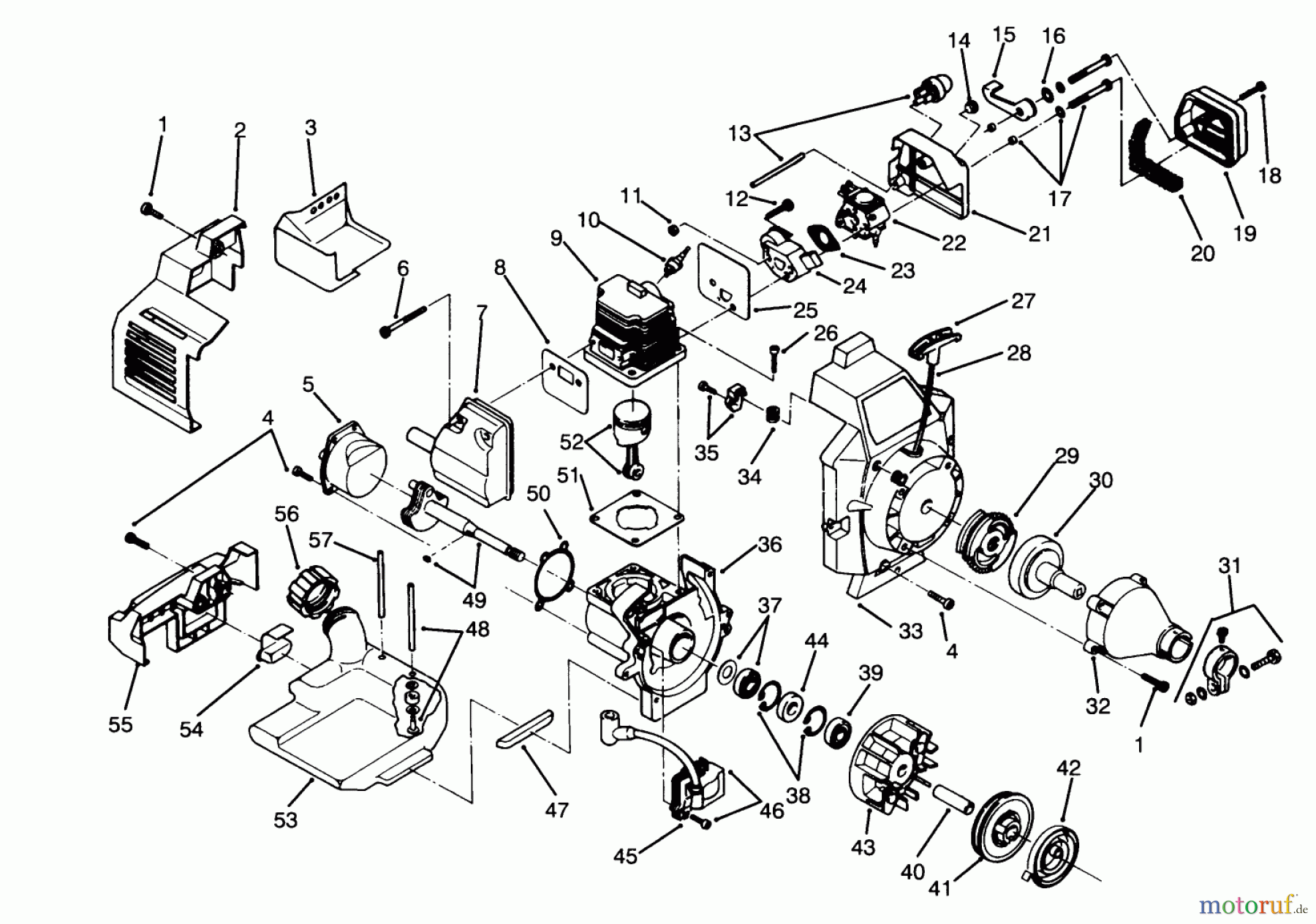  Toro Neu Trimmers, String/Brush 51620 - Toro 31cc Curved Shaft Trimmer, 1994 (4900001-4999999) ENGINE ASSEMBLY MODEL NO. 51638 & 51653