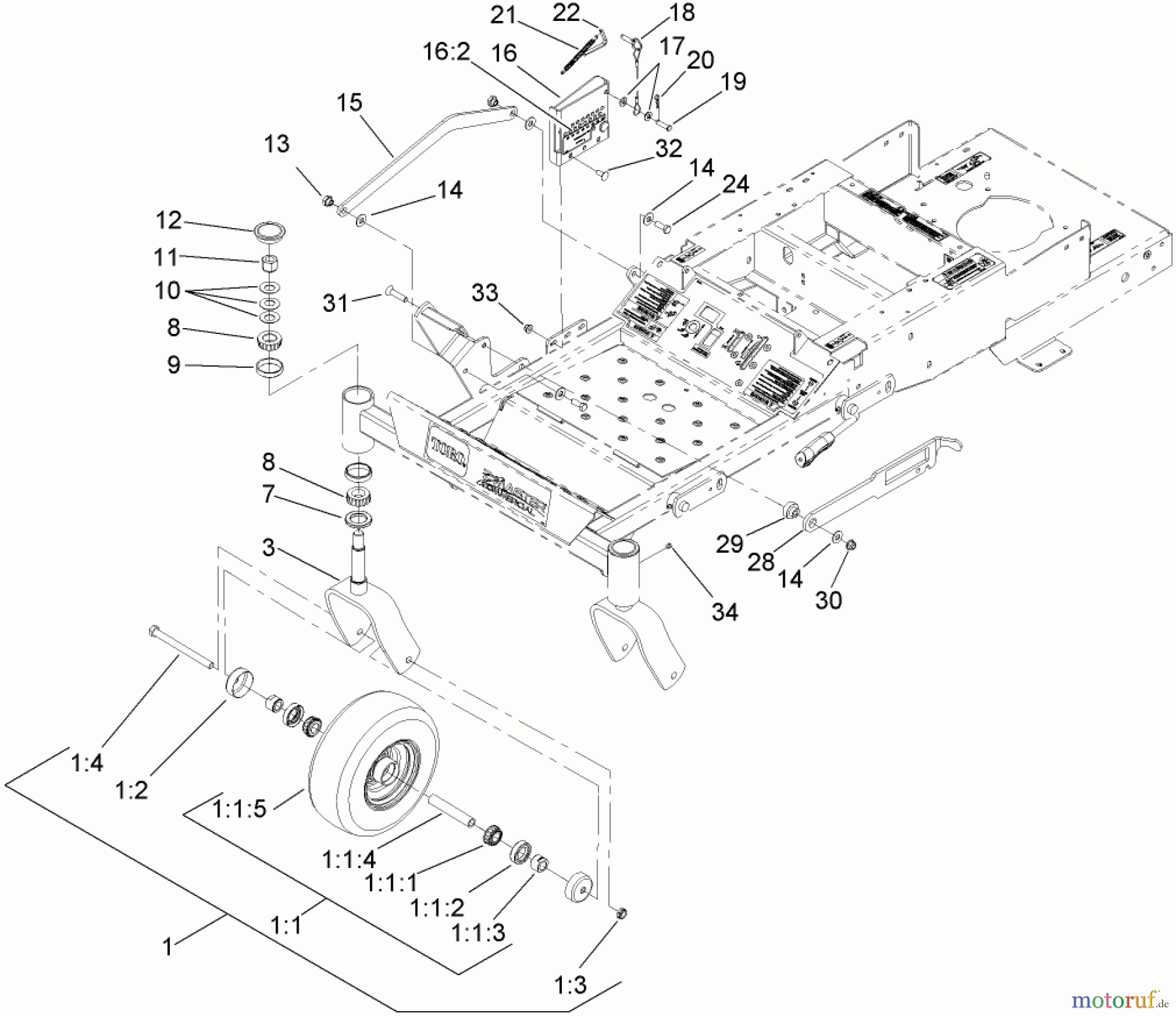 Zerto-Turn Mäher 74408TE (Z300) - Toro Z Master Mower, 86cm 7-Gauge Side Discharge Deck (SN: 280000001 - 280999999) (2008) CASTER AND HEIGHT-OF-CUT ASSEMBLY